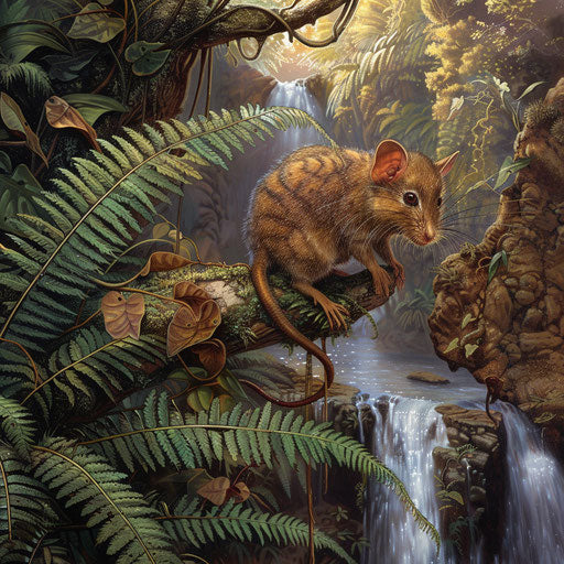 Antechinus on a fern frond with waterfalls cascade background
