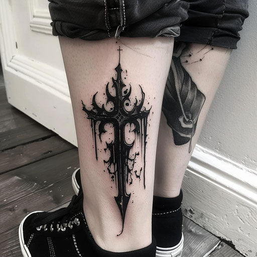 Ankle tattoos in the style of Gerald Brom with a dark gothic cross