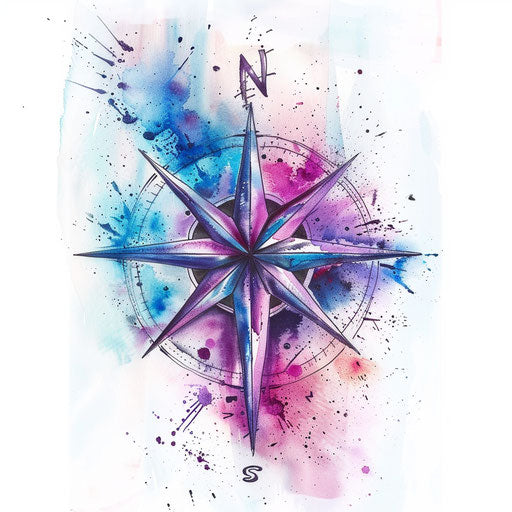 Intricate compass rose tattoo with watercolor background on white canvas