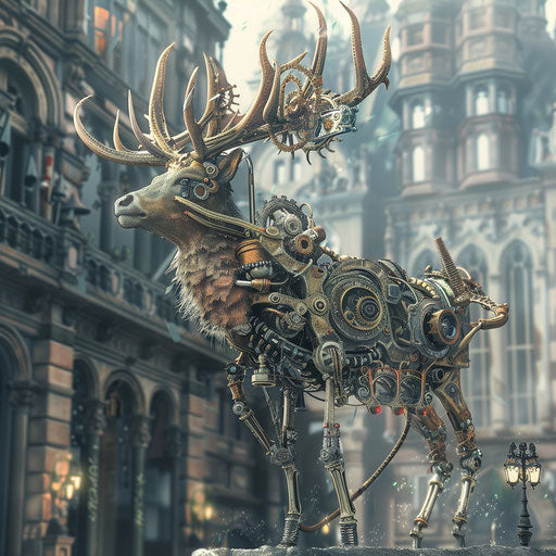 A steampunk elk with mechanical antlers among Victorian architecture