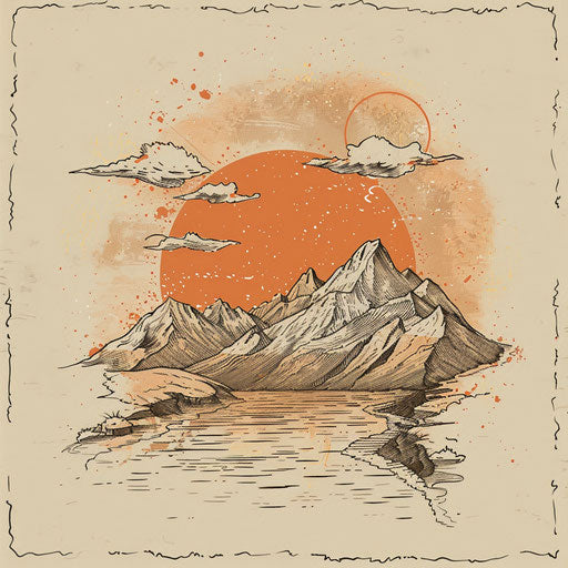 Dawn sky over mountain landscape, rustic tattoo sketch