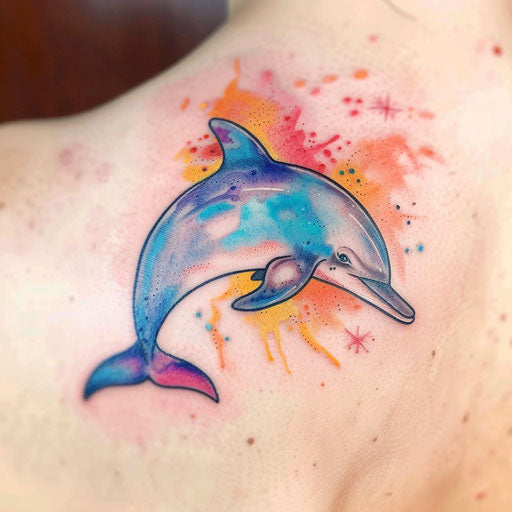 Vibrant watercolor dolphin tattoo on white background