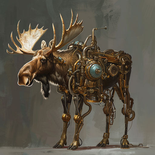A steampunk-inspired moose with mechanical enhancements