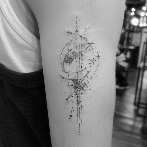 Small fine line constellation tattoo in the style of Glenn Fabry