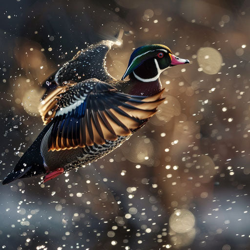 Wood duck in flight with water droplets in slow motion