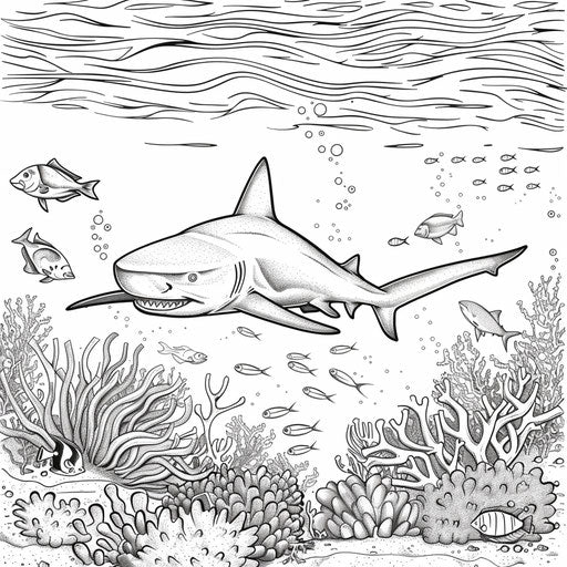 Fierce shark swimming through a coral reef with other sea creatures.