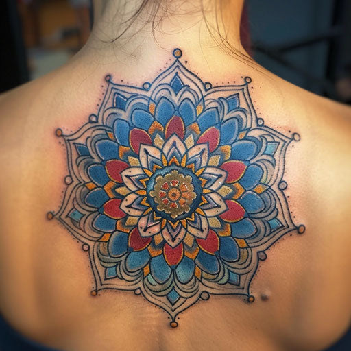 Intricate neo-traditional mandala tattoo in vibrant colors