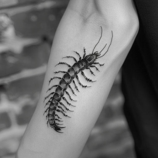 Blackwork centipede tattoo with heavy black shading on white