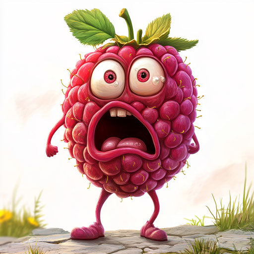Humorous caricature of a raspberry with human characteristics