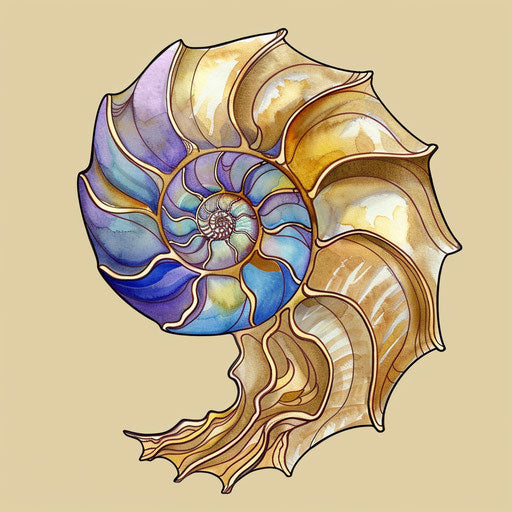 Exotic flat tattoo sketch of a seashell spiral, sandy beiges and ocean blues