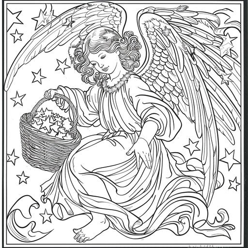 A playful angel holding a basket of stars, ready to scatter them.
