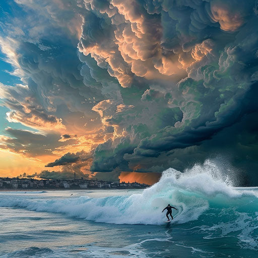 Bondi Beach, Australia with surfer riding wave under dramatic sky