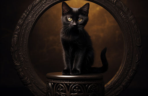 Cute black kitten on a black stool, wrapped style, tesseract