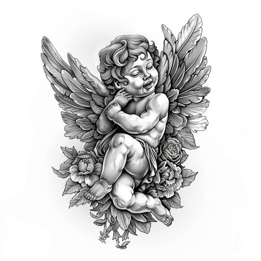 Monochrome cherub tattoo on white canvas