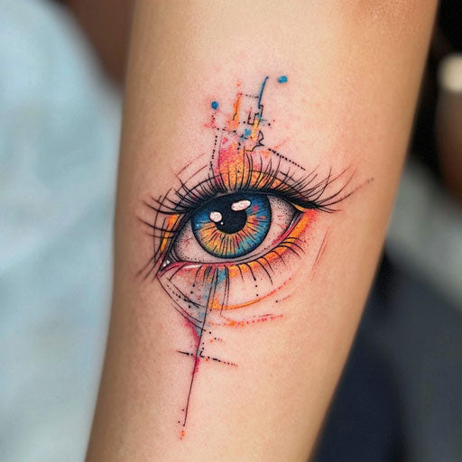 Eye tattoo on arm with vibrant colors and glowing effects