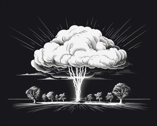 Black and white cloud icon with white lightning, comic style
