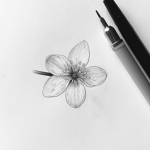 Realistic drawing of a small jasmine flower tattoo on white canvas