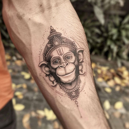 Soft and subtle flat tattoo sketch of Hanuman with a gentle smile