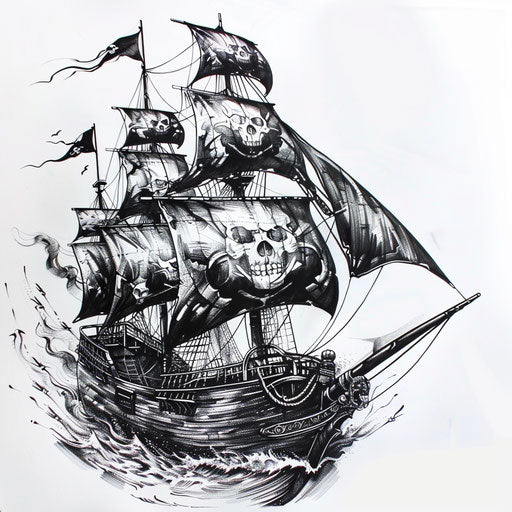 Bold graphic tattoo sketch of a pirate ship with black sails and skull flags
