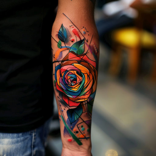 Rose tattoos for men - Guy Aitchison style with abstract, colorful elements