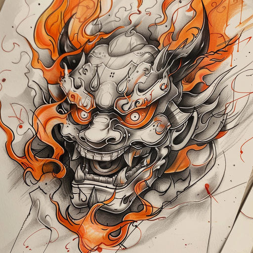 Dynamic sketch of Hannya mask with flames and smoke
