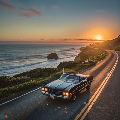 1976 Malibu Classic transformed into a sleek roadster, cruising down Pacific Coast Highway at sunset