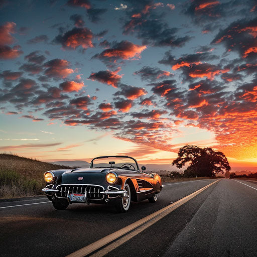 Classic car on the road at dawn