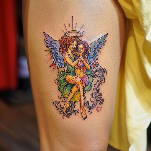 Lively flat tattoo sketch of an angel and devil laughing together, colorful