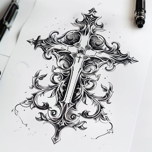 Detailed Gothic cross tattoo design on white background