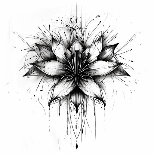 Abstract spider lily tattoo, stylized with geometric shapes in a monochrome palette