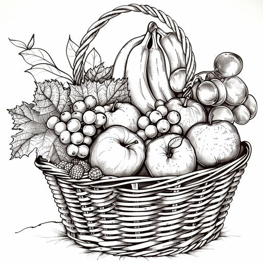 Basket of assorted fruits to learn and color