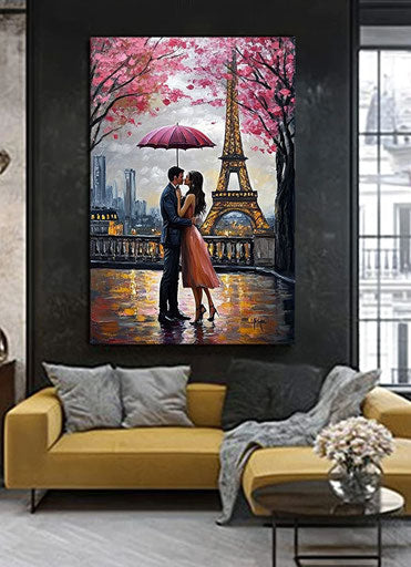 Eiffel Tower in Paris with a couple kissing under an umbrella, oil painting with cherry blossom trees in the background, canvas wall art for home decor