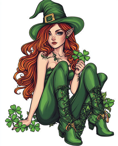 Irish fairy with leprechaun hat and four-leaf clovers