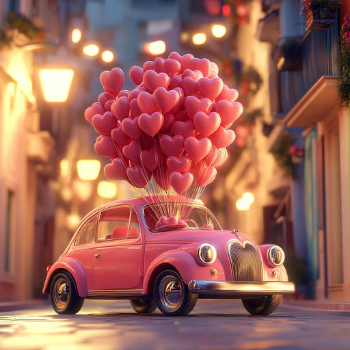 Pink car filled with heart-shaped balloons