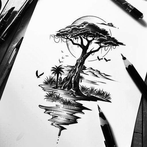 Black and white illustration of a traditional African landscape with a baobab tree and savannah on white paper