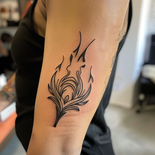 Elbow tattoo of tribal flames, Humberto Ramos style, elbow