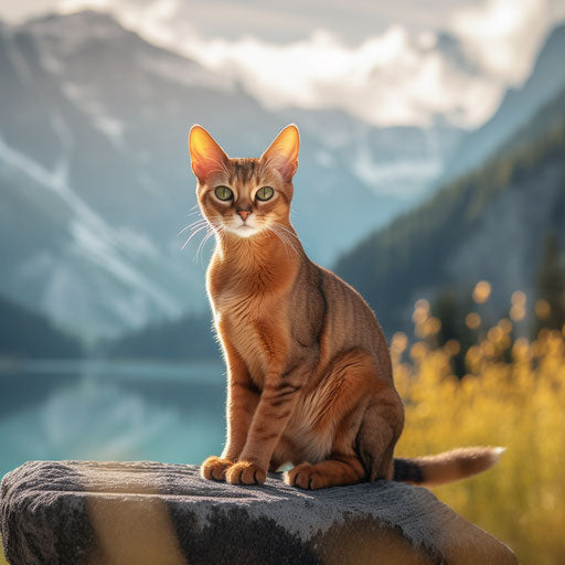 Abyssinian cat sitting in front of mountain scenery