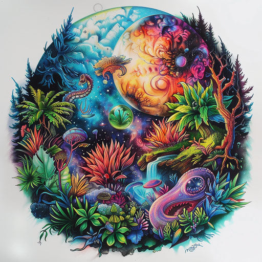 Lively tattoo sketch of an exoplanet with vibrant alien flora and fauna in bright colors