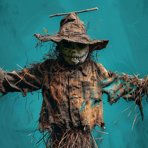 Realistic scarecrow clipart on flat teal background, contrasts