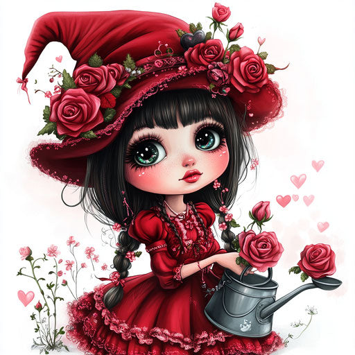 Valentine's Day cute witch with roses and hearts