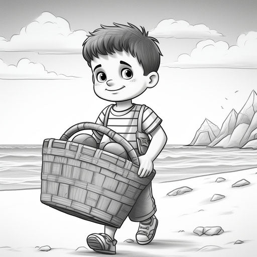 Boy with basket on beach in coloring page, lilia alvarado style, pictorial
