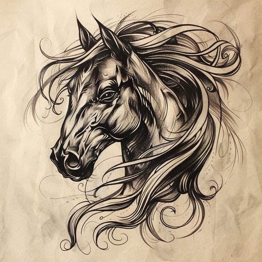 Bold sketch of dark horse head with fierce eyes and flowing mane