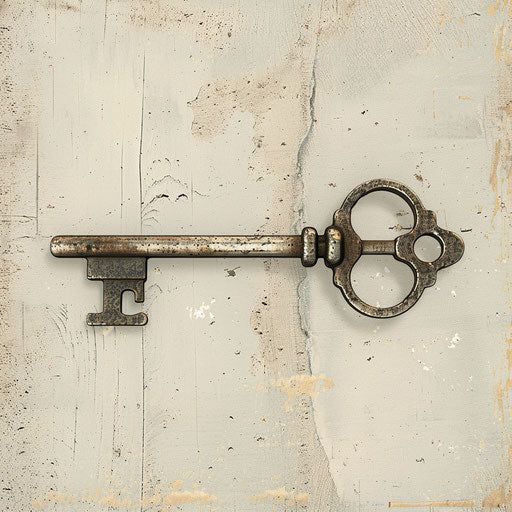 Key illustration in photo realistic style with a flat random background, vintage filter and delicate lines