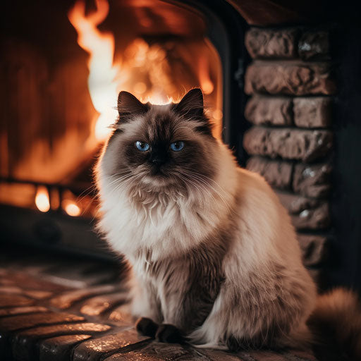 Himalayan cat by the fireplace, cozy and warm