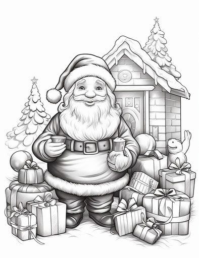 Drawing of Santa Claus with toys and lights coloring pages for adults