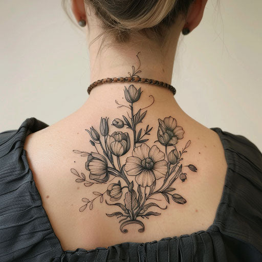 Botanical neck tattoo inspired by Maria Sibylla Merian