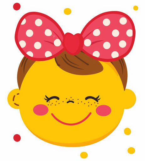 Smiling yellow face with bow, dark pink and red polka dots, creative commons