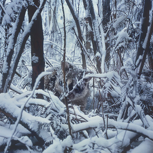 Possum camouflaged in a snowy forest