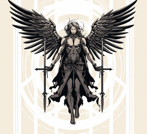 The wings of an angel holding a sword, graphic outlines