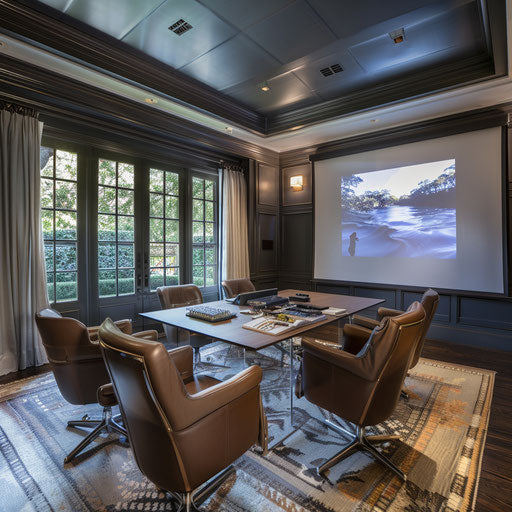 Home office with ceiling-mounted projector and pull-down screen